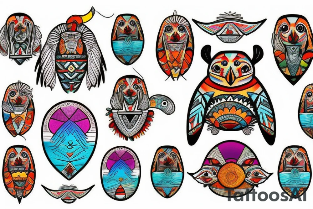 Colorful mola puffin tattoo idea