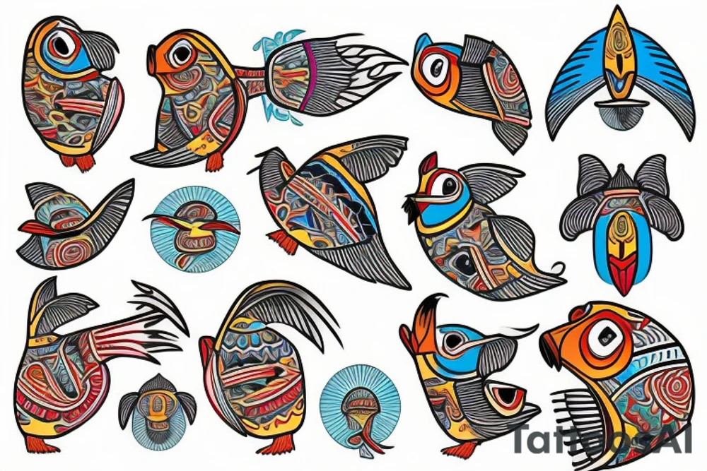 Colorful mola puffin tattoo idea