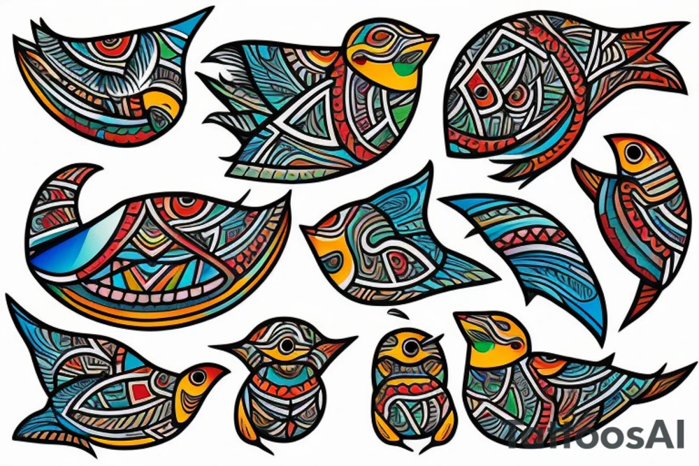 Colorful mola puffin bird tattoo idea