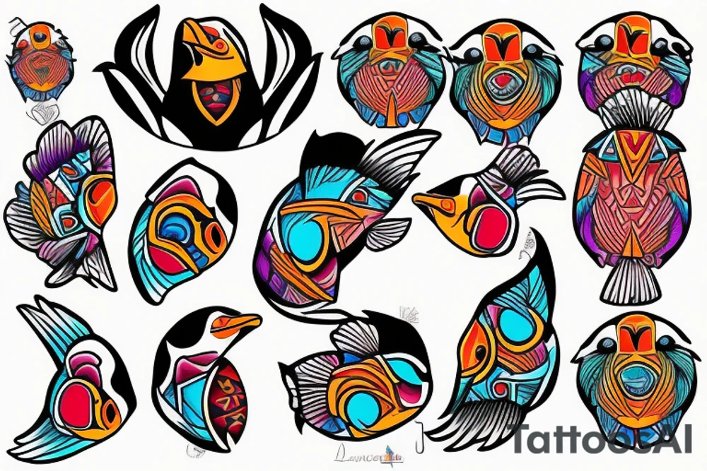Colorful mola puffin bird tattoo idea