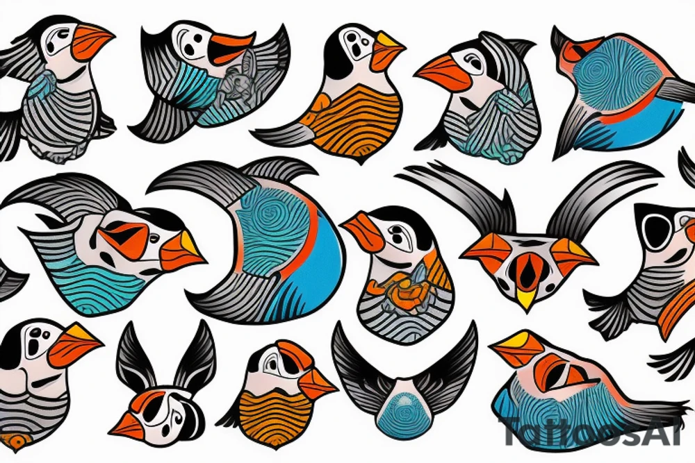 Colorful mola puffin bird tattoo idea