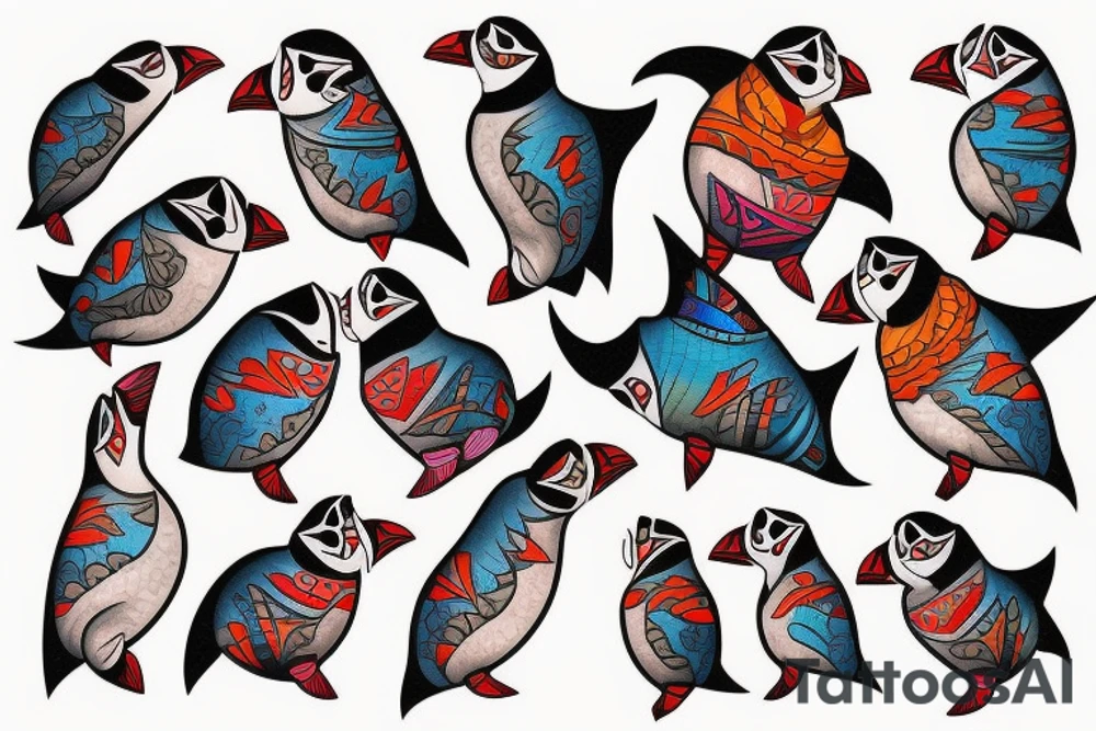Colorful mola puffin bird tattoo idea