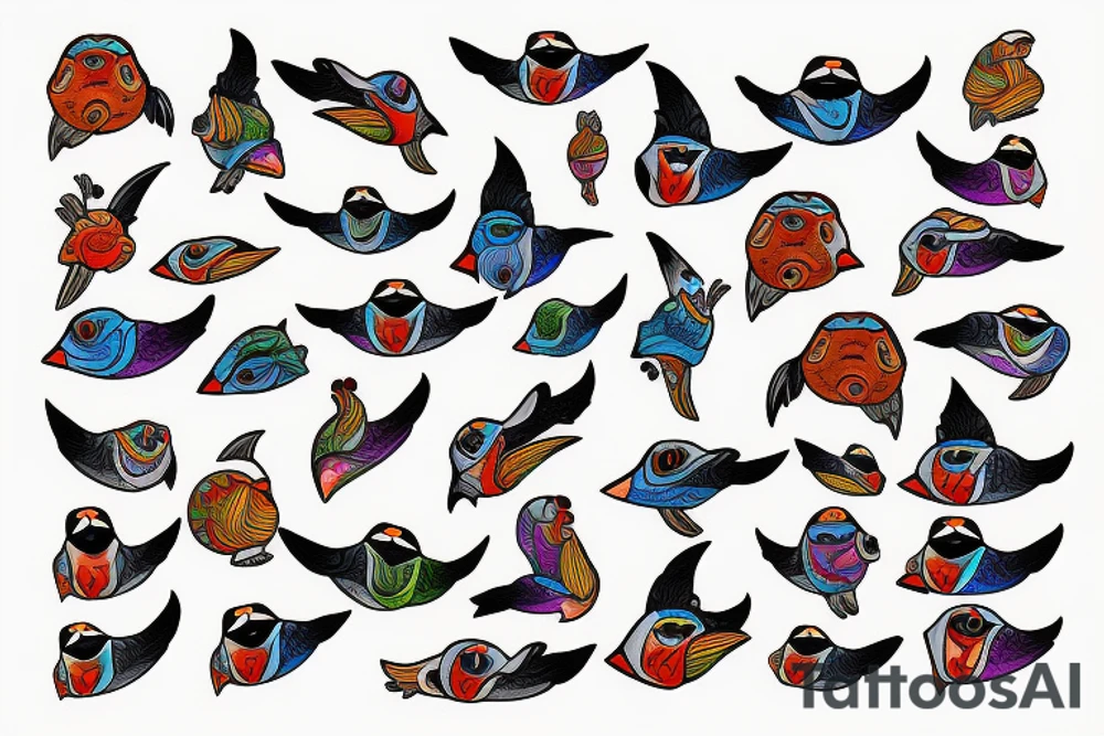 Colorful mola puffin bird tattoo idea