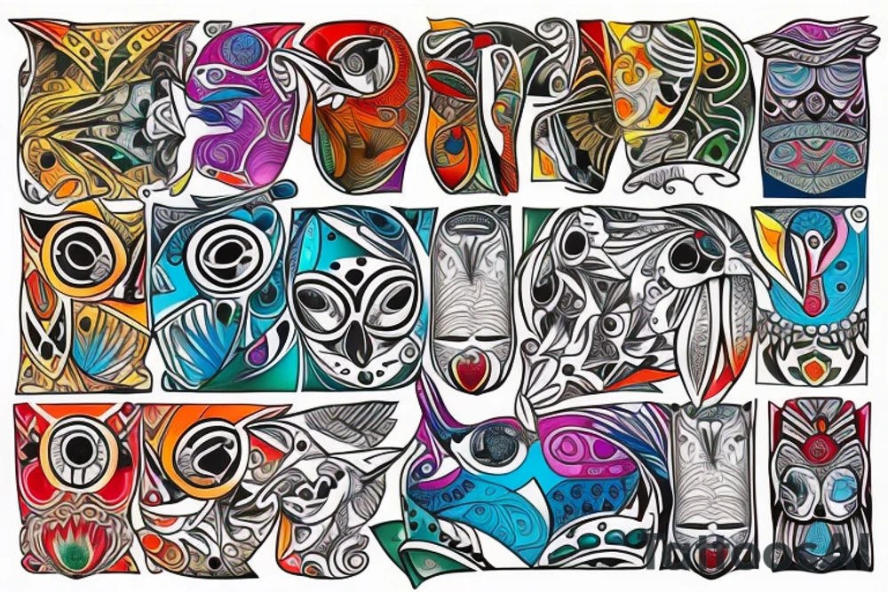 Colorful mola puffin bird tattoo idea