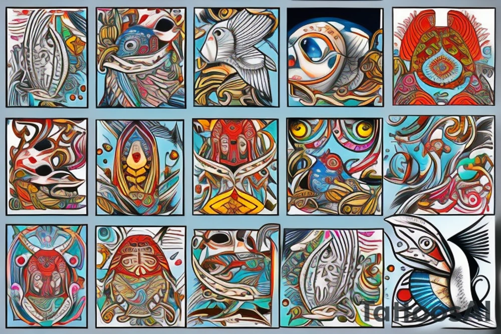 Colorful mola puffin bird tattoo idea