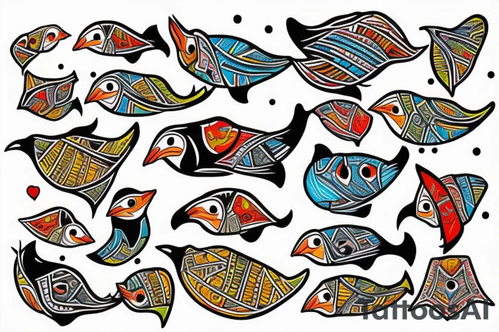 Colorful mola puffin bird tattoo idea