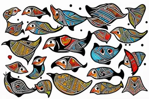 Colorful mola puffin bird tattoo idea