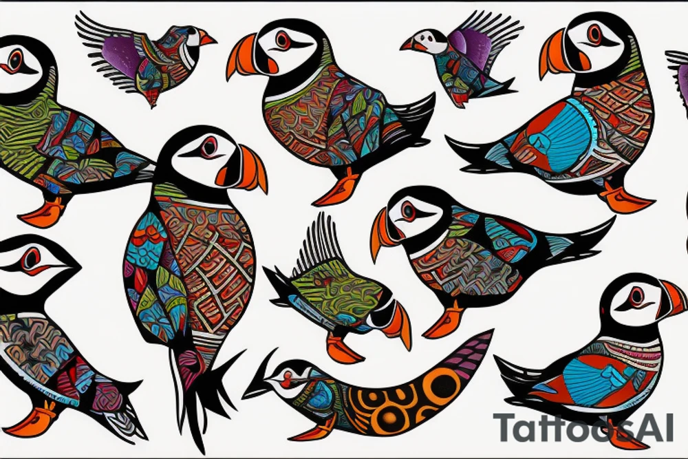 Colorful mola art puffin bird tattoo idea