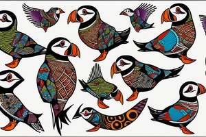 Colorful mola art puffin bird tattoo idea