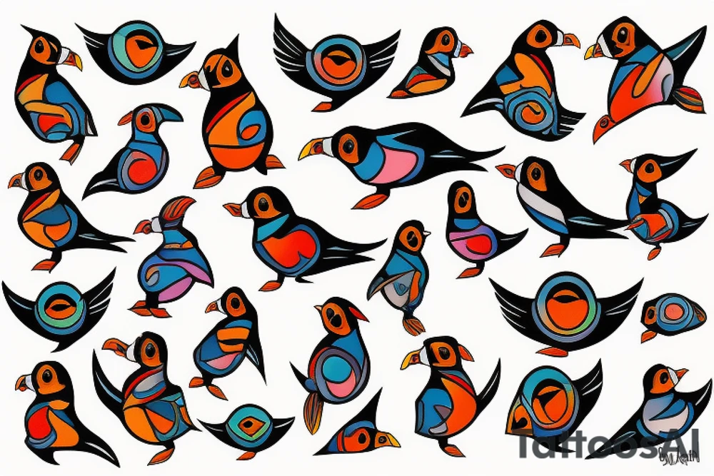 Colorful mola art puffin bird tattoo idea