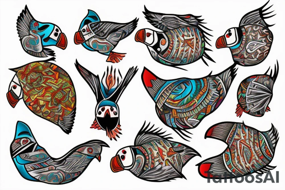 Colorful mola art puffin bird tattoo idea