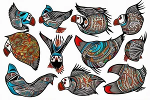 Colorful mola art puffin bird tattoo idea