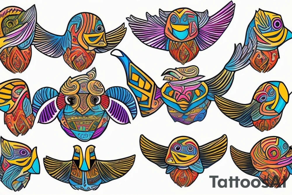Colorful mola art puffin bird tattoo idea