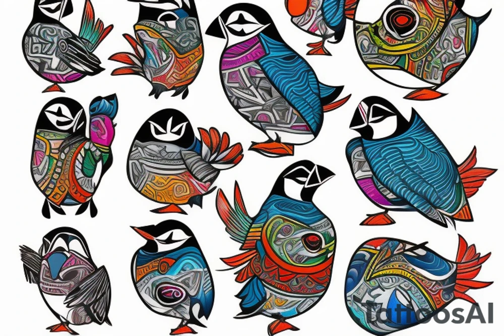Colorful mola art puffin bird tattoo idea