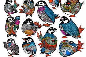 Colorful mola art puffin bird tattoo idea
