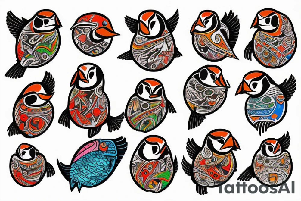Colorful mola art puffin bird tattoo idea