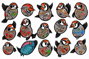 Colorful mola art puffin bird tattoo idea
