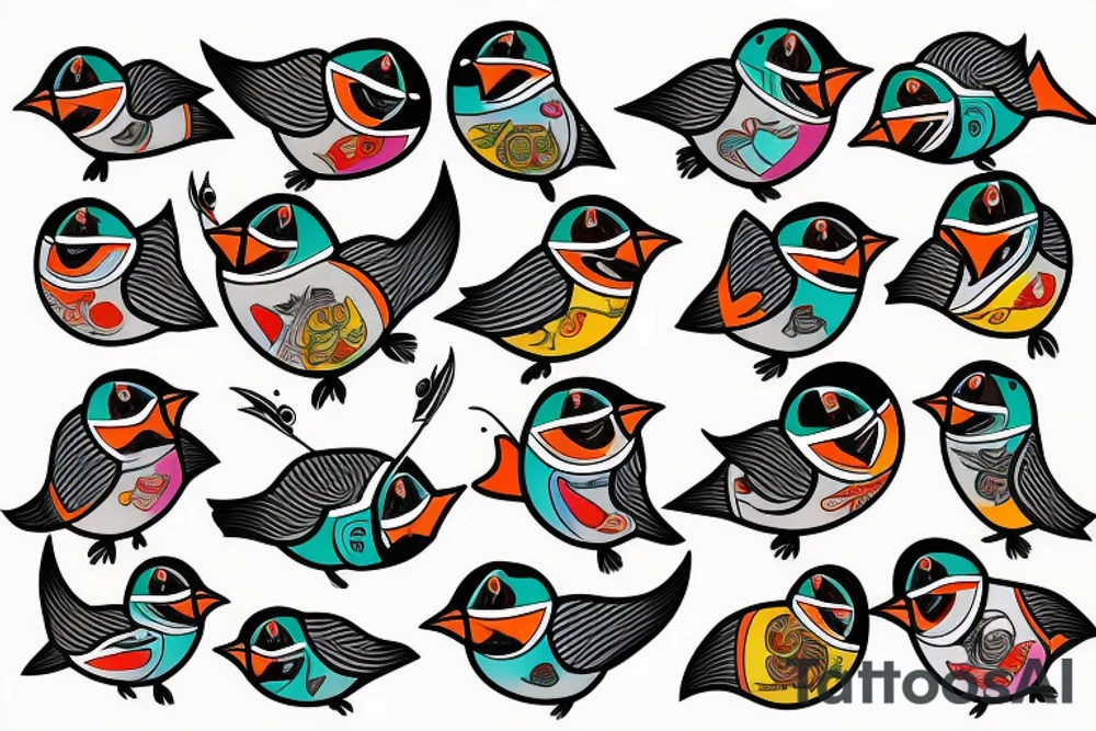 Colorful mola art puffin bird tattoo idea