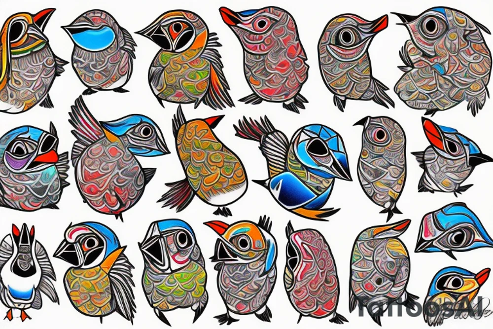 Colorful mola art puffin bird tattoo idea