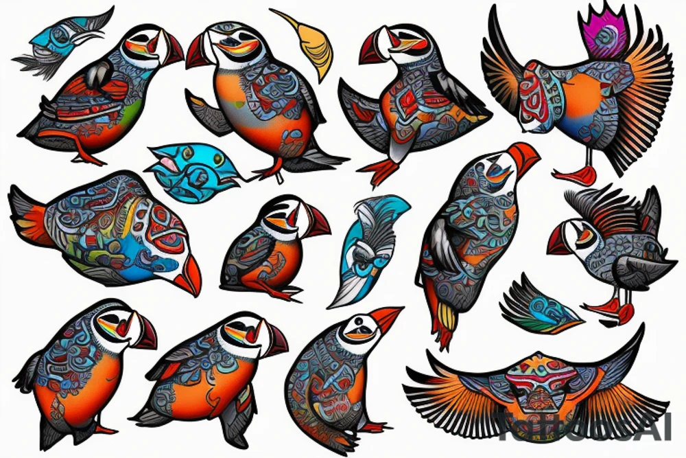 Colorful mola art puffin bird tattoo idea