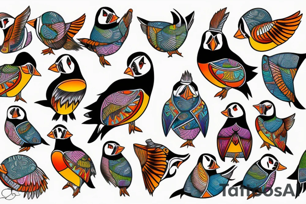 Colorful mola art puffin bird tattoo idea