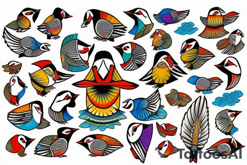 Colorful mola art puffin bird tattoo idea