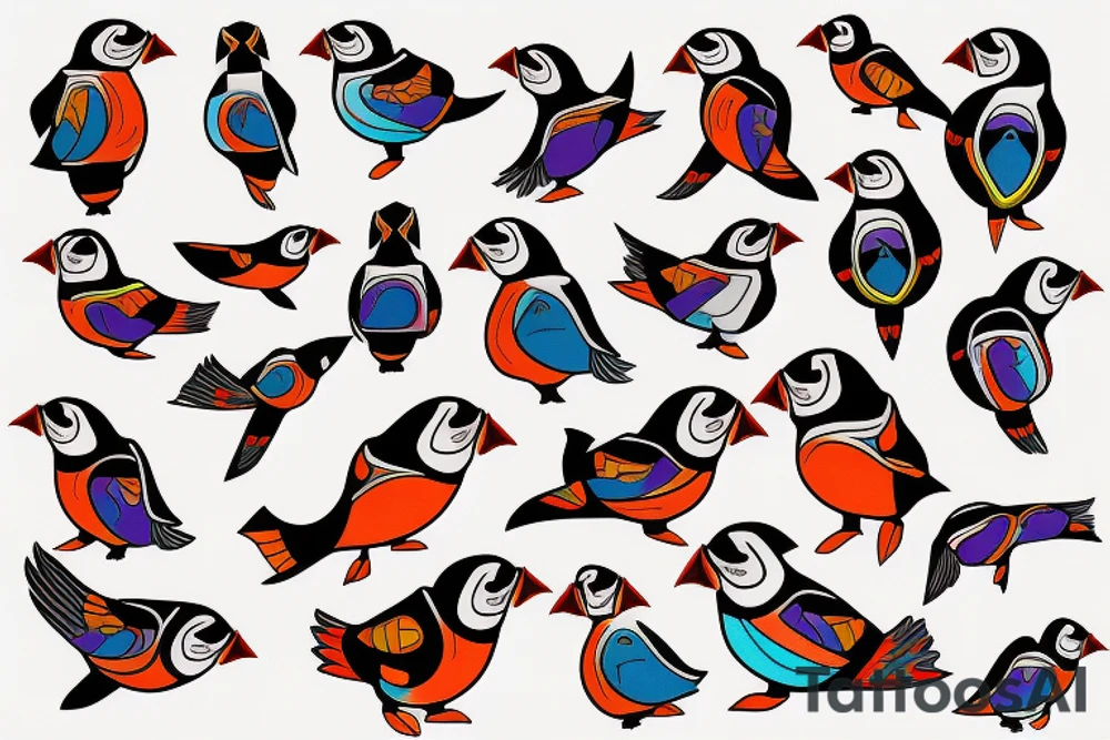 Colorful mola art puffin bird tattoo idea