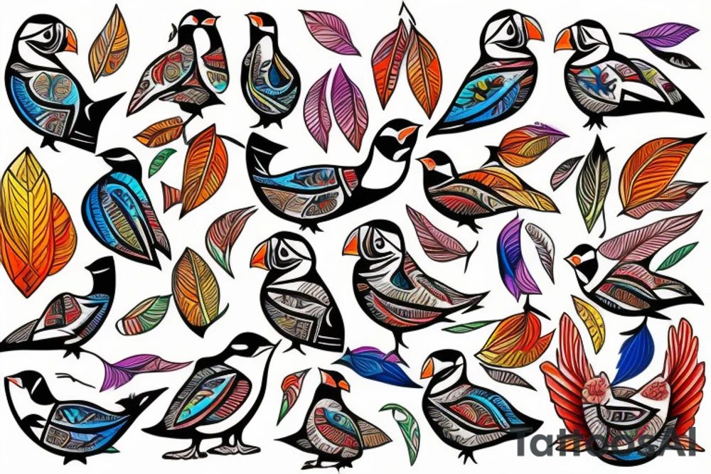 Colorful mola art puffin bird tattoo idea