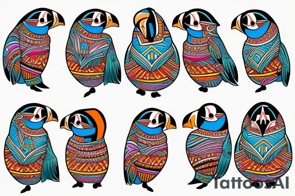 Colorful mola art puffin bird tattoo idea