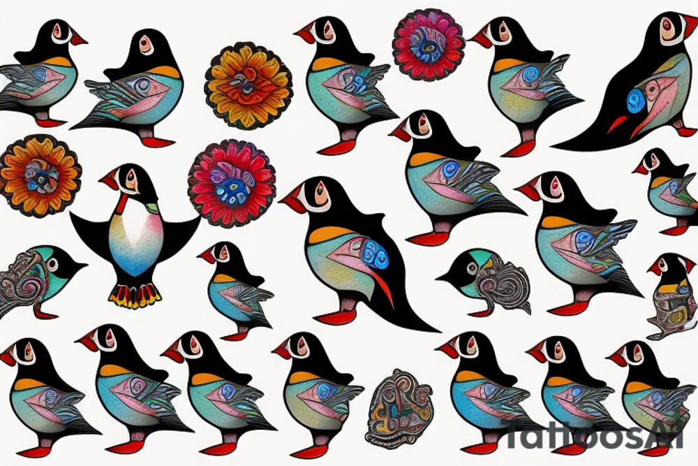 Colorful mola art puffin bird tattoo idea