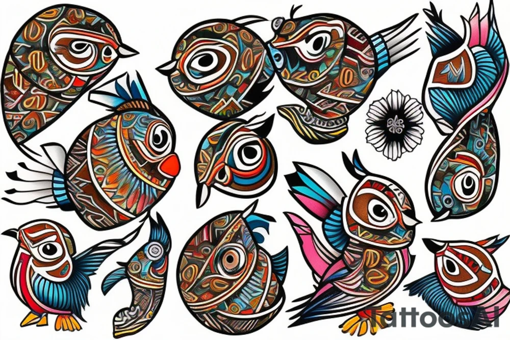 Colorful mola art puffin bird tattoo idea