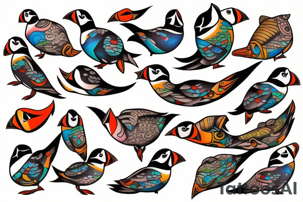Colorful mola art puffin bird tattoo idea