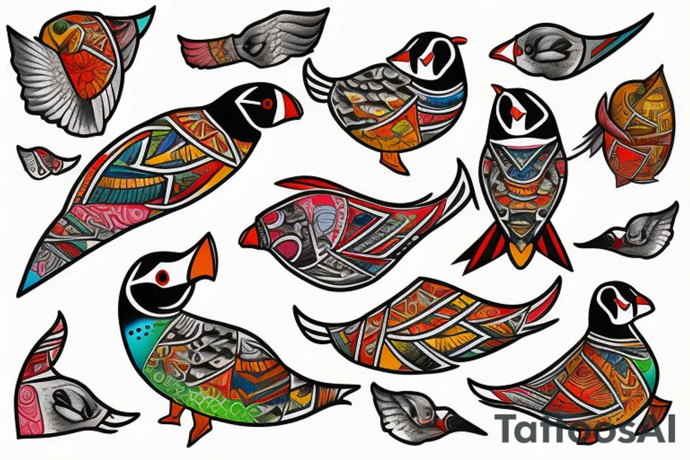 Colorful mola art puffin bird tattoo idea