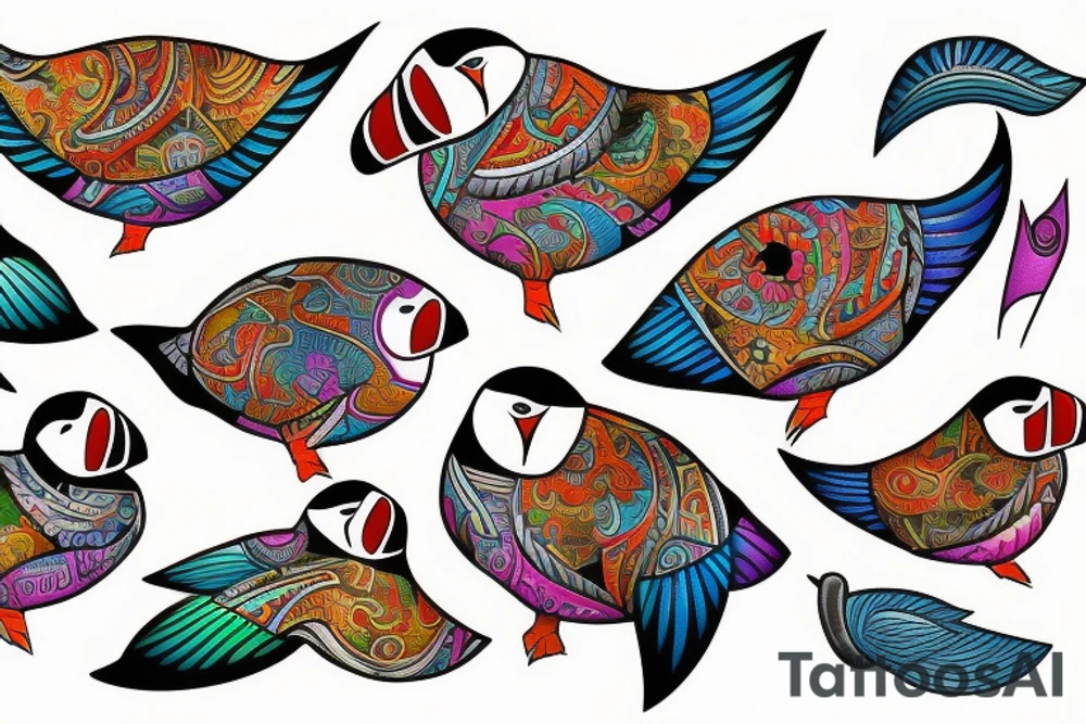 Colorful mola art puffin bird tattoo idea