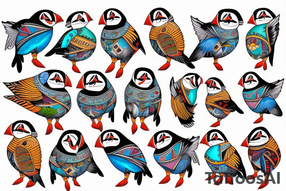 Colorful mola art puffin bird tattoo idea