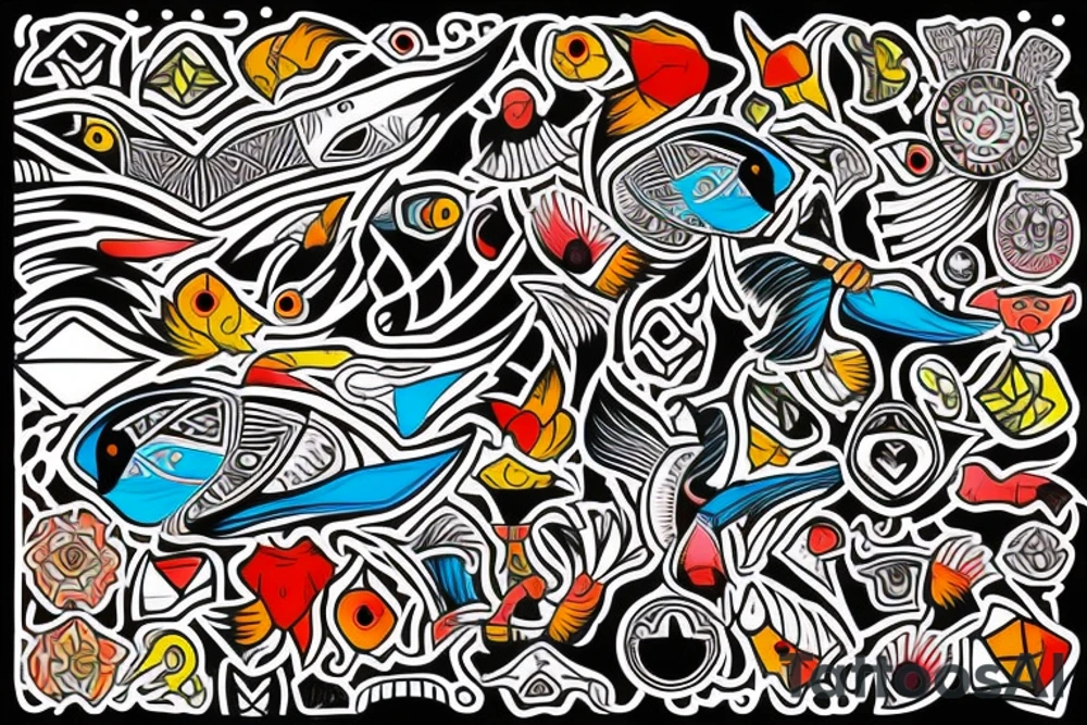 Colorful mola art puffin bird tattoo idea