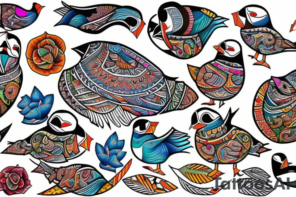 Colorful mola art puffin bird tattoo idea