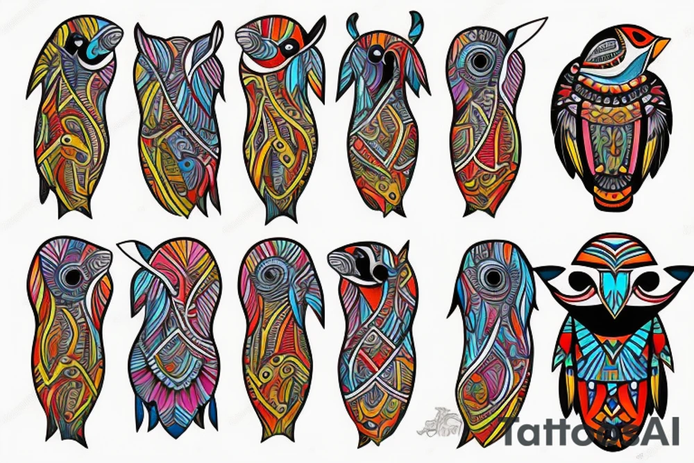 Colorful mola art puffin bird tattoo idea