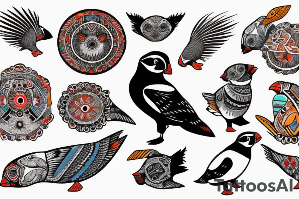 Puffin bird with mola art inside tattoo idea