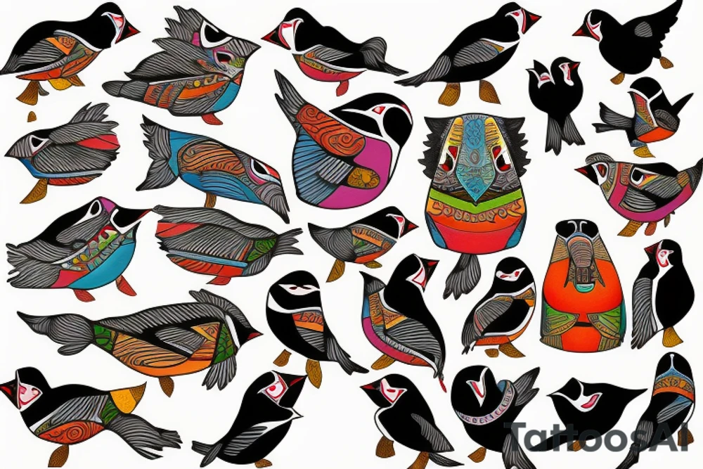 Puffin bird with colorful mola art inside tattoo idea