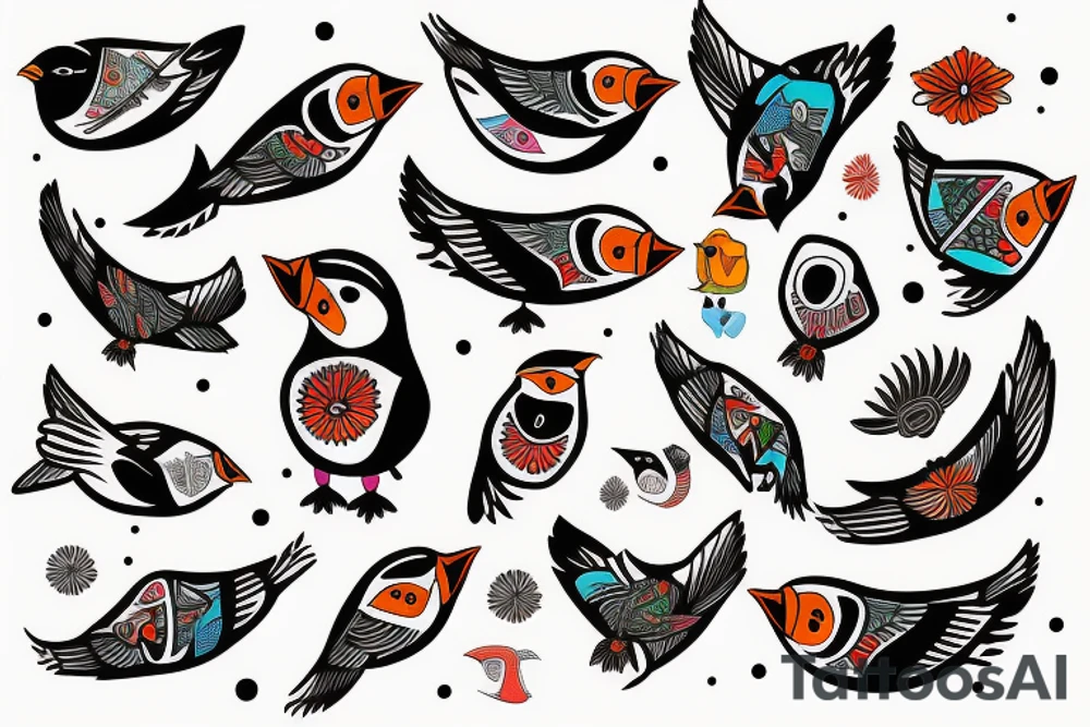 Puffin bird with colorful mola art inside tattoo idea