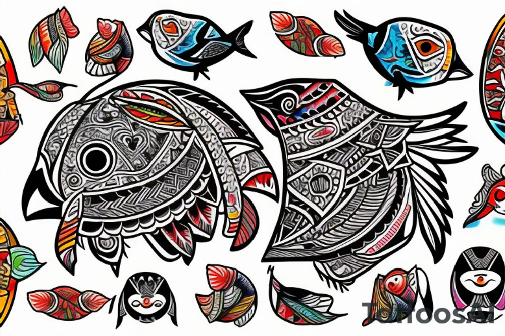 Puffin bird with colorful mola art inside tattoo idea