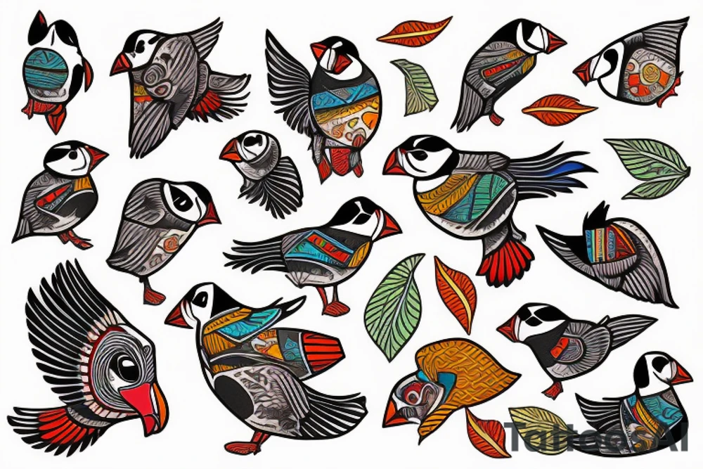 Puffin bird with colorful mola art inside tattoo idea