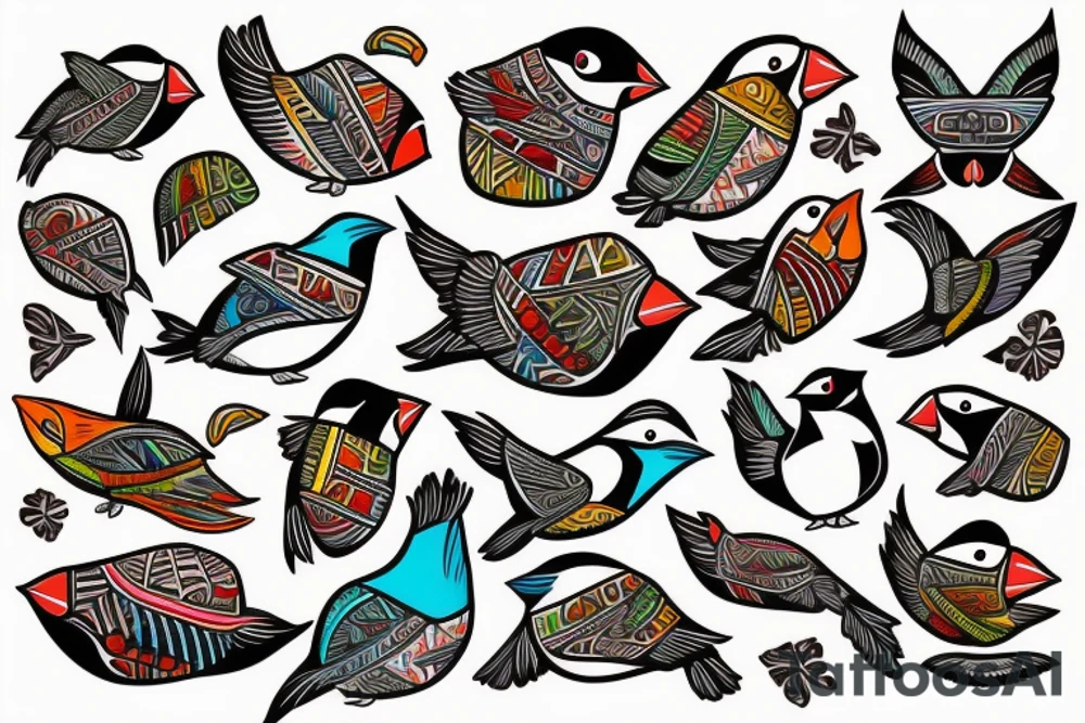 Puffin bird with colorful mola art inside tattoo idea
