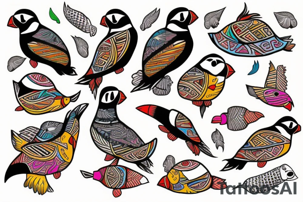 Puffin bird with colorful mola art inside tattoo idea