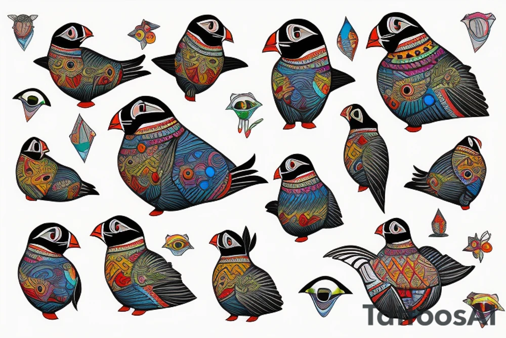 Puffin bird with colorful mola art inside tattoo idea