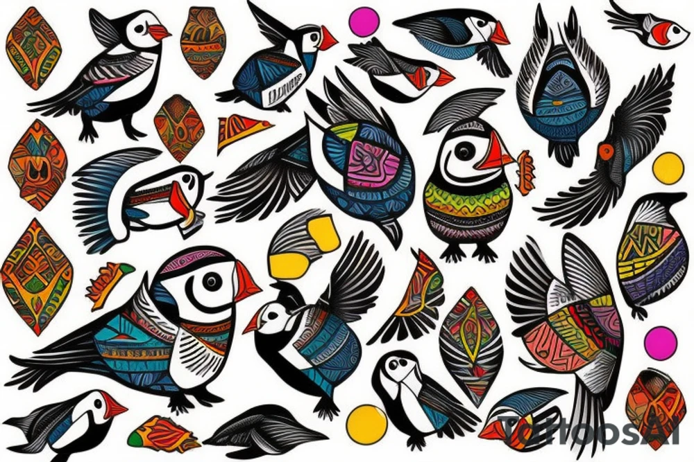 Puffin bird with colorful mola art inside tattoo idea