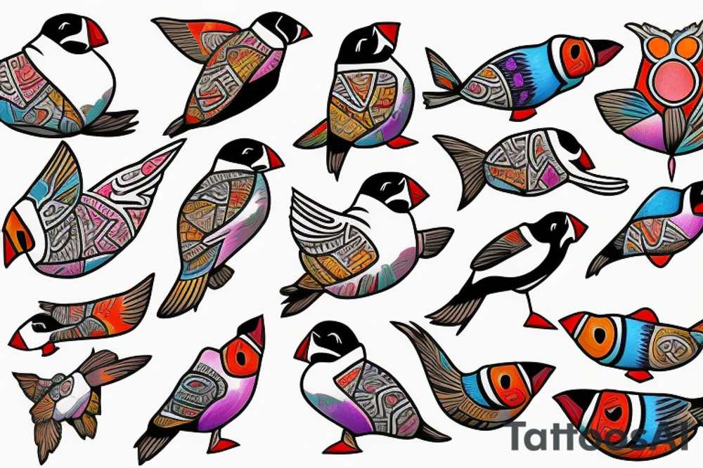 Puffin bird with colorful mola art inside tattoo idea