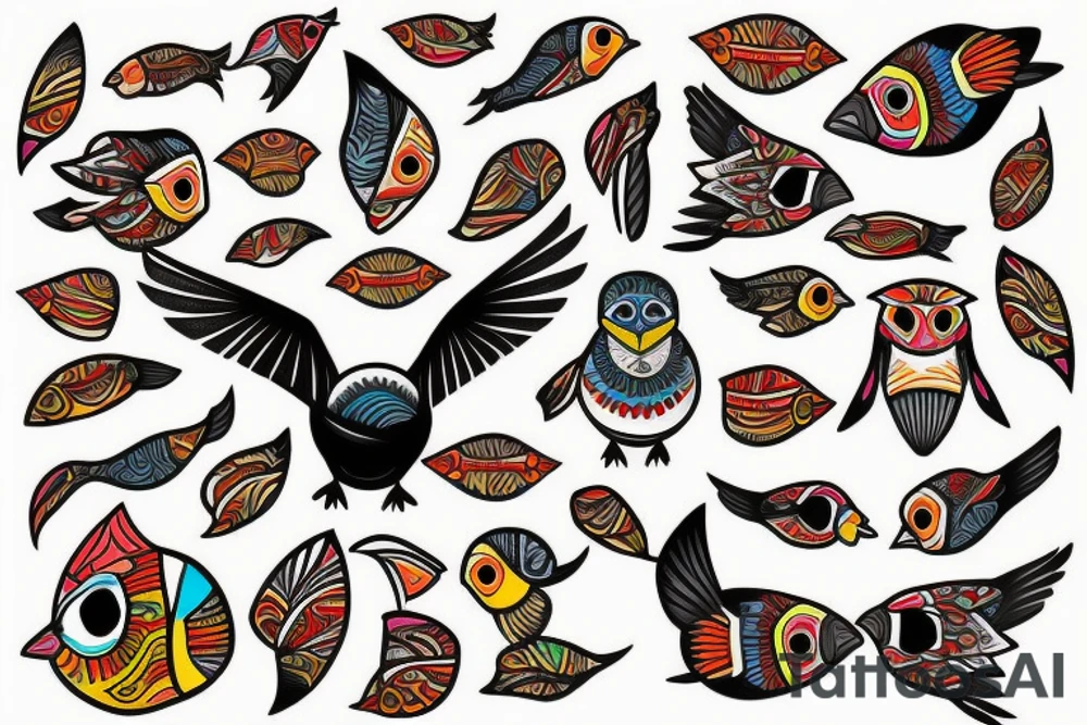 Puffin bird with colorful mola art inside tattoo idea