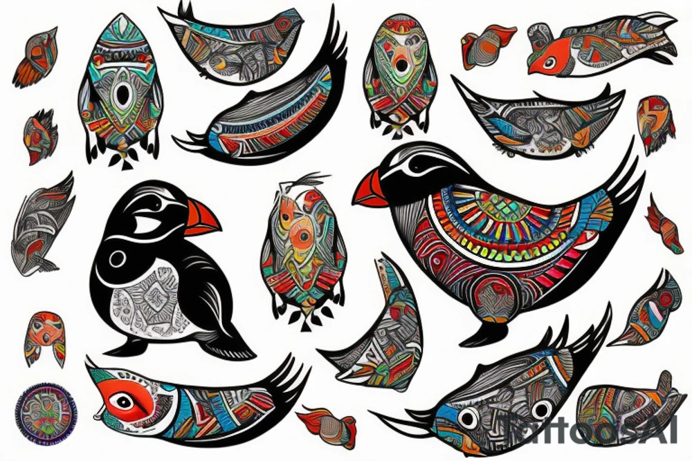 Puffin bird with colorful mola art inside tattoo idea